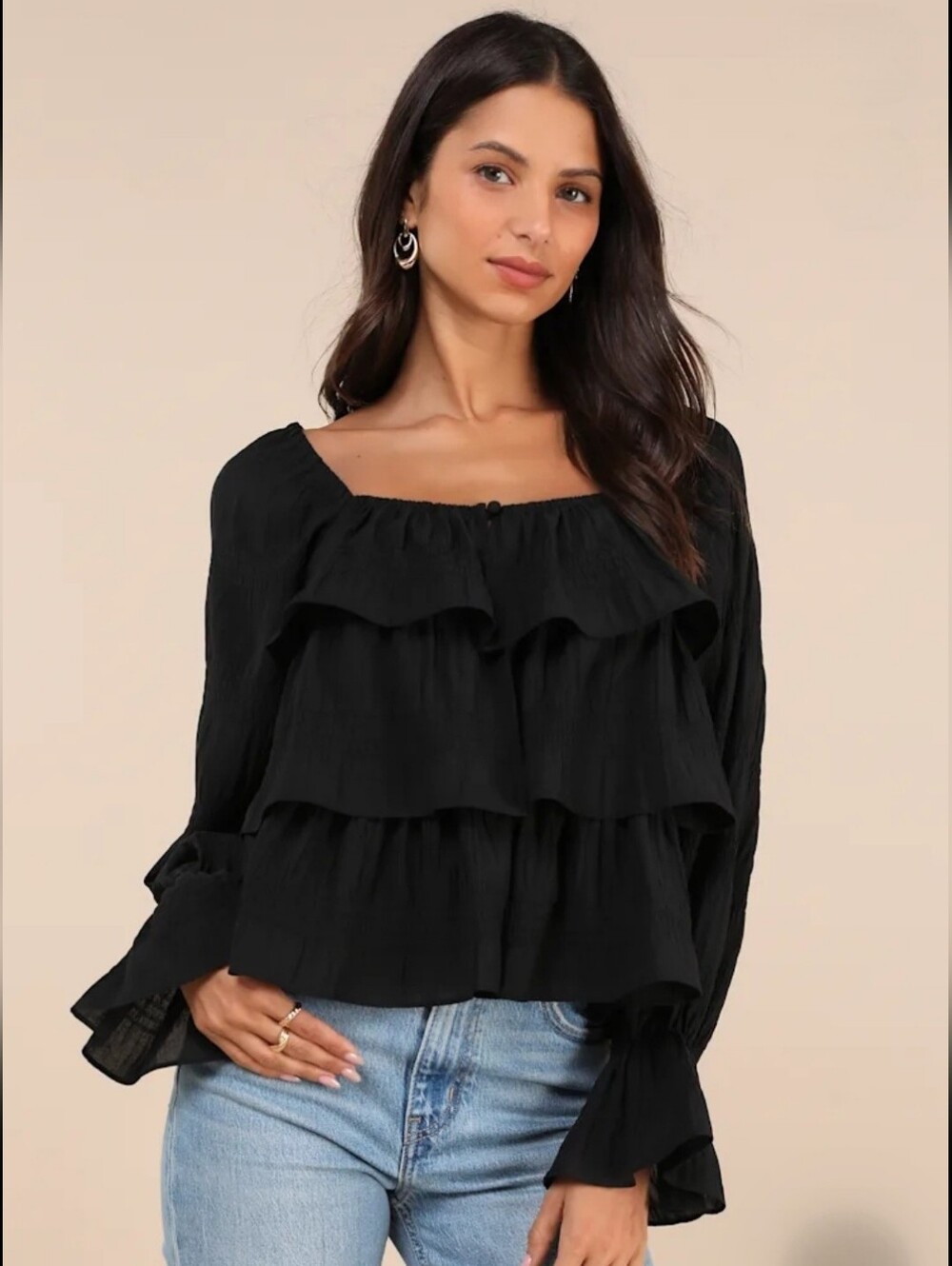 NWT -Lulus Black Tiered Ruffled Long Sleeve Top - Size L